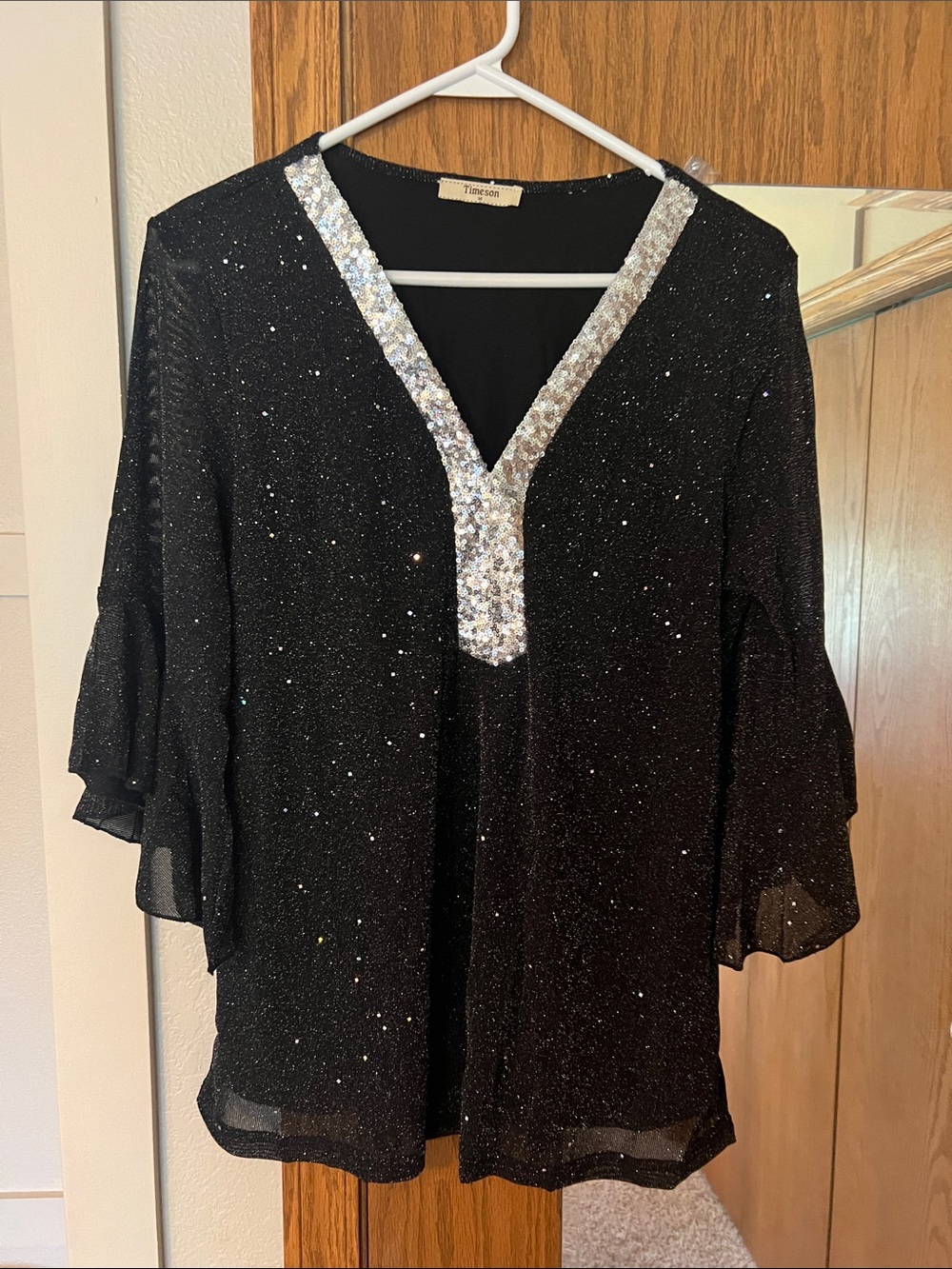 Black Glitter V-Neck Sequin Trim Blouse